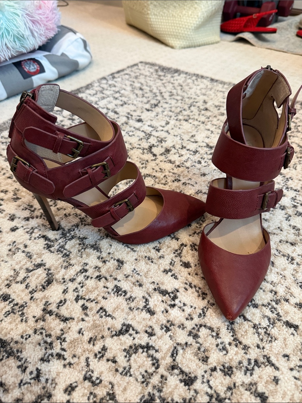 Women's Burgundy Strappy Pointed-Toe High Heels
